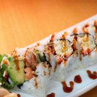 Spicy Spider Roll · Spicy. Five pieces of soft shell crab, spicy tuna, avocado masago, and cucumber.
