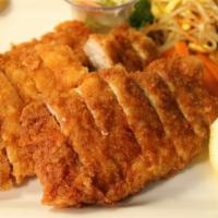 Pork Tonkatsu · Breaded deep fried Pork Loin 
Served with salad and rice