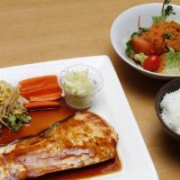 Salmon Teriyaki · Grilled salmon with teriyaki sauce. Served with rice and soup or salad.