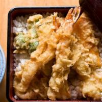 Tendon · Shrimp & Vege Tempura Served over rice with miso soup.