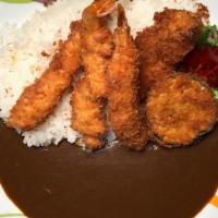 Shrimp Fry Curry · 3 Pieces Breaded Shrimp & Vege with Curry Sauce & Rice