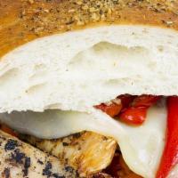 Grilled Chicken Hero · with mozzarella, roasted peppers, and balsamic vinaigrette