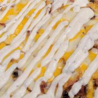 Cheesy Grilled Chicken Bacon Ranch · ~ grilled chicken
~ bacon
~ melted cheddar cheese
~ drizzled ranch dressing