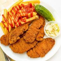 Chicken Tenders Deluxe · All white meat chicken, fried to golden crisp, served with French fries, cole slaw, and pick...