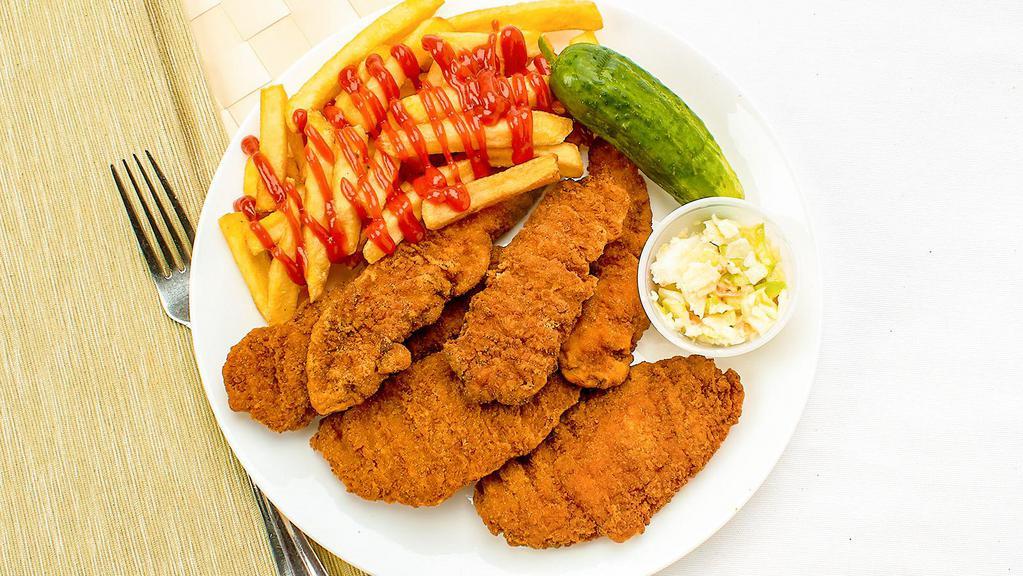 Chicken Tenders Deluxe · All white meat chicken, fried to golden crisp, served with French fries, cole slaw, and pickle.