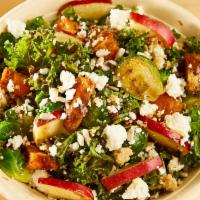 Terra Nostra Salad · Organic quinoa, shredded kale, sweet potato, brussels sprouts, local apple, local goat chees...