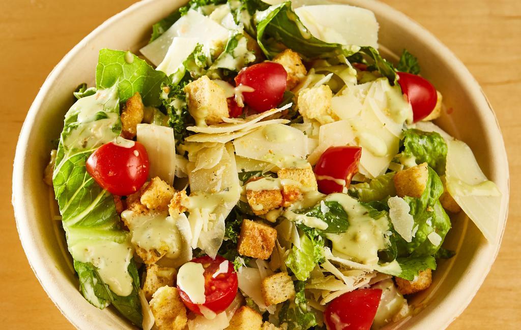 Hello Caesar Salad · Local shredded kale, chopped romaine, cherry tomatoes, croutons, parmesan cheese and pepita Caesar dressing.