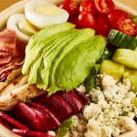 Ultimate Cobb Salad · Romaine, organic baby spinach, grilled chicken, cherry tomatoes, avocado, cucumbers, raw bee...