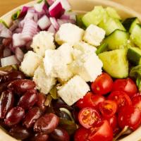 Nice To Greek You Salad · Organic mesclun, kalamata olives, cucumbers, mixed cherry tomatoes, red onions, local feta c...