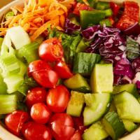Sunshine Garden Salad · Romaine, bell peppers, red cabbage, mixed cherry tomatoes, carrots, cucumber, celery and you...