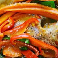 Steam Snapper · Red Snapper steamed in Island Flavor Butter sauce accompanied with corn, carrots, pumpkin an...