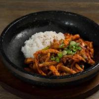 Calamari Bap · Stir-fried spicy squid with rice serve on a sizzling hot stone plate