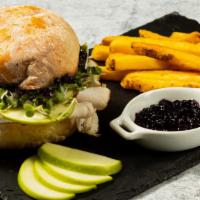 Turkey Apple Sandwich · Oven roasted turkey breast layered with organic granny smith apple, microgreens, crumbled mo...
