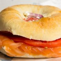 Bagel With Smoked Salmon, Cream Cheese, L, T & O · Smoked salmon, cream cheese, lettuce, tomato, and onion on bagel.
