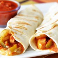 Chicken Fajita Wrap · Chicken breast, cheddar cheese, green peppers, onion, and salsa on wrap.