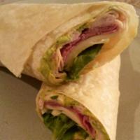 American Wrap · Roast beef, roasted turkey, American cheese, lettuce, tomato, and mayonnaise on wrap.