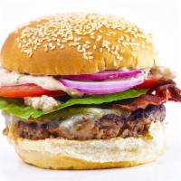 Classic Cheese Angus Burger · Angus burger with American cheese, veggies, and chipotle mayo.