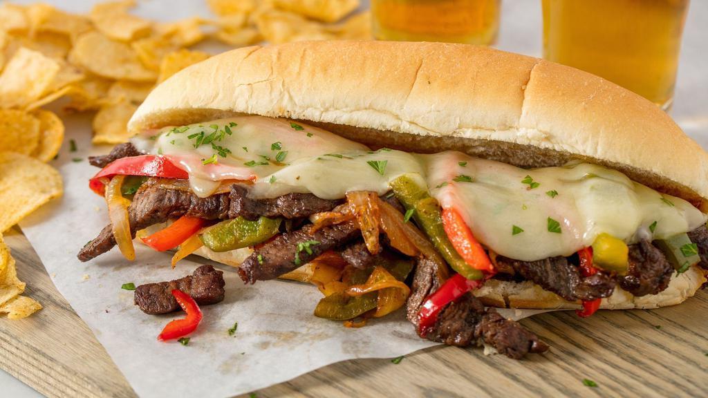 Philly Cheese Steak Sandwich · Thinly sliced beef steak with grilled peppers and onion with melted cheese. Choice of cheese and optional condiment.