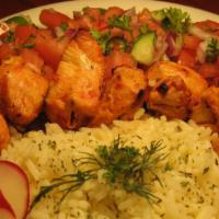Chicken Kabab Platter · Grilled marinated chicken breast with grilled tomato, pepper, and onion. Served over rice or...