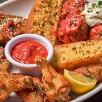 Bertucci’S Sampler · Brick Oven-Baked Tuscan Chicken Wings, Mozzarella Fritta & Meatballs with house-made pomodor...