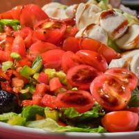 Farmhouse · Mixed greens with roasted black olives, diced peppers, cucumbers,red onions, grape tomatoes ...