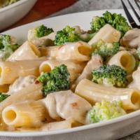 Rigatoni, Broccoli & Chicken · Fresh broccoli, rigatoni, roasted chicken & lemon-garlic cream sauce.