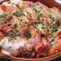 Oven-Baked Rigatoni & Meatballs · Oven-baked rigatoni with hand-crafted meatballs, house-made marinara sauce, mozzarella, whip...