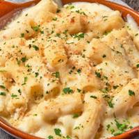 Mac & Cheese · Rigatoni in a creamy five cheese sauce, topped with toasted breadcrumbs