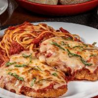 Chicken Parmesan · Pecorino Romano, mozzarella, house-made pomodoro & fresh basil, served with spaghetti. (1385...