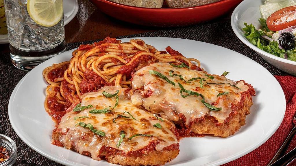 Chicken Parmesan · Pecorino Romano, mozzarella, house-made pomodoro & fresh basil, served with spaghetti. (1385 cal)