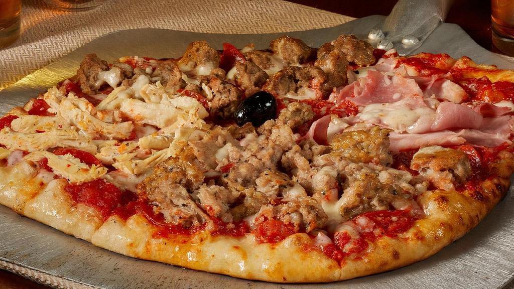 Ultimate Bertucci · Each quarter of our Bertucci Pizza is topped with a different meat - sweet Italian sausage, hand-crafted meatballs, ham, chicken, mozzarella & house-made tomato sauce.