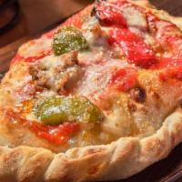 Sausage & Peppers Calzone · Sausage, peppers, caramelized onions, ricotta, mozzarella, Provolone, Parmesan, fontina & Pe...