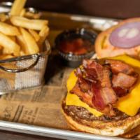 All American Bacon Cheese · Certified angus beef pub burger, applewood bacon and American cheese.