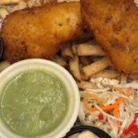 Fish + Chips · Harp battered, French fries, coleslaw, mushy peas and tartar sauce.