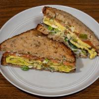 Big Dill · Breakfast sandwich with house cured salmon, sage omelet & shallot, caper, dill, mascarpone s...