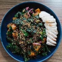 Crispy Quinoa Tuscan Kale And Roasted Chicken · Roasted kabocha squash, pickled onions, cranberries, pepitas, and lemon dressing.