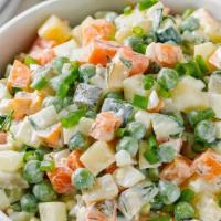 Olivier No Meat · Potatoes, carrots, green peas, pickles, eggs, mayo & spices.