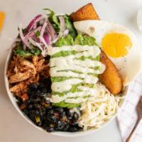 Pulled Chicken Sofrito Bowl · White Rice, Black Beans, Avocado, Salad, Fresh Red Onions, Shredded Cheese, Pulled Chicken S...