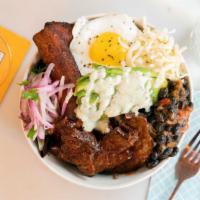 Steak Bbq Bowl · White Rice, Black Beans, Avocado, Salad, Fresh Red Onions, Shredded Cheese, Sliced Trytip St...