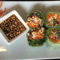 Thai Summer Roll · Green leaf, shrimp, bean sprout, mint leaf and carrot wrapped in rice paper roll. Sprinkled ...