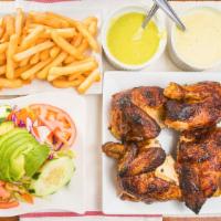 #1. 1 Pollo,  Ensalada  Y Papas Frltas · Whole chicken, avocado salad, and French fries.