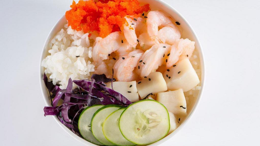 Wasabi Shrimp & Scallops · Shrimp - scallops - green and sweet onion - cucumber - masago - sesame seeds - wasabi aioli - seaweed salad - crab salad