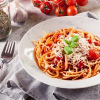Tomato Basil Spaghetti · Spaghetti with tomato basil tomato sauce, mushrooms, cherry tomatoes, fresh parsley, and Par...