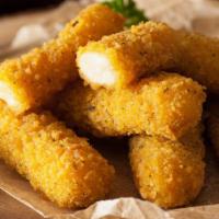 Mozzarella Sticks · Deep fried Mozzarella sticks battered with crunch and served with roma dipping sauce.