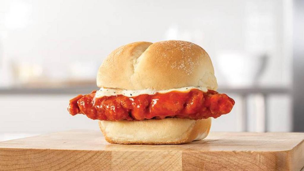 Buffalo Chicken Slider · A crispy chicken tender dipped in spicy buffalo sauce with parmesan peppercorn ranch sauce on a warm slider style bun. Visit arbys.com for nutritional and allergen information.