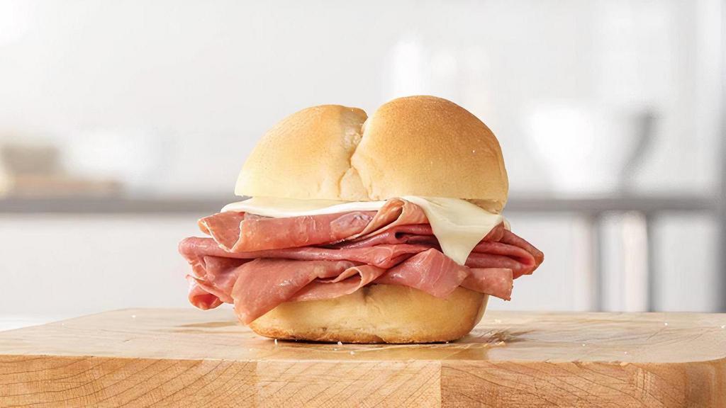 Roast Beef Slider · Thinly sliced roast beef and Swiss cheese on a warm slider style bun. Visit arbys.com for nutritional and allergen information.
