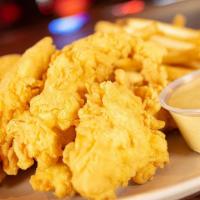 Tully'S Tender Dinner · Fresh hand battered chicken tenders with fries. Served with Tully's honey mustard and colesl...