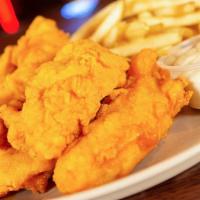 Buffalo Tenders Appetizer · Tully's tenders dipped in buffalo wing sauce. Served with fries and creamy bleu cheese.