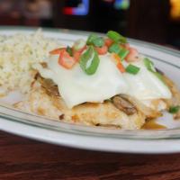 Smothered Chicken (Gs) · Two chicken breasts smothered with onions, peppers, mushrooms, melted American cheese and to...