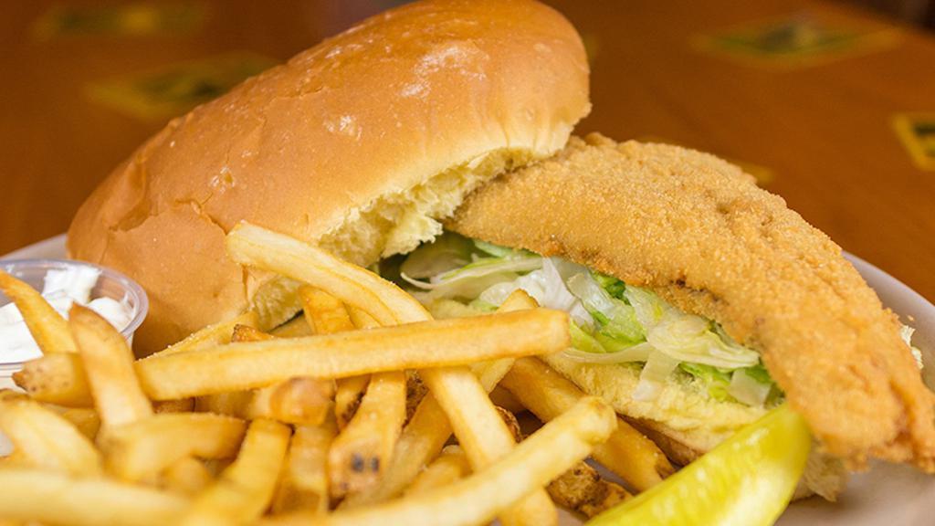 Fish Fry Haddock Sandwich · Lightly hand breaded haddock, served with lettuce and a side of tartar sauce.